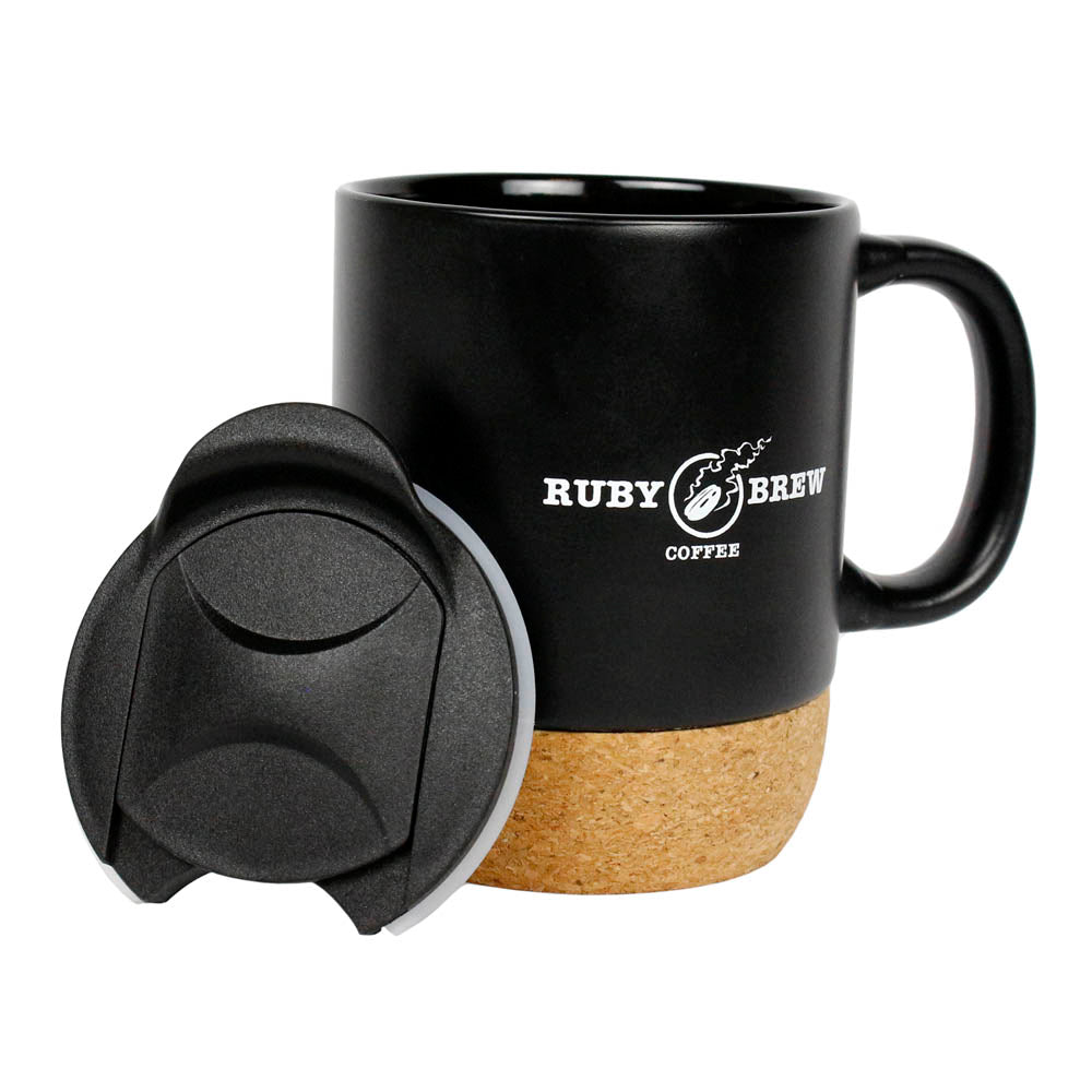 Ruby Brew Black Cork Bottom Ceramic Modern Coffee Mug with Splash Proof Lid 12 oz